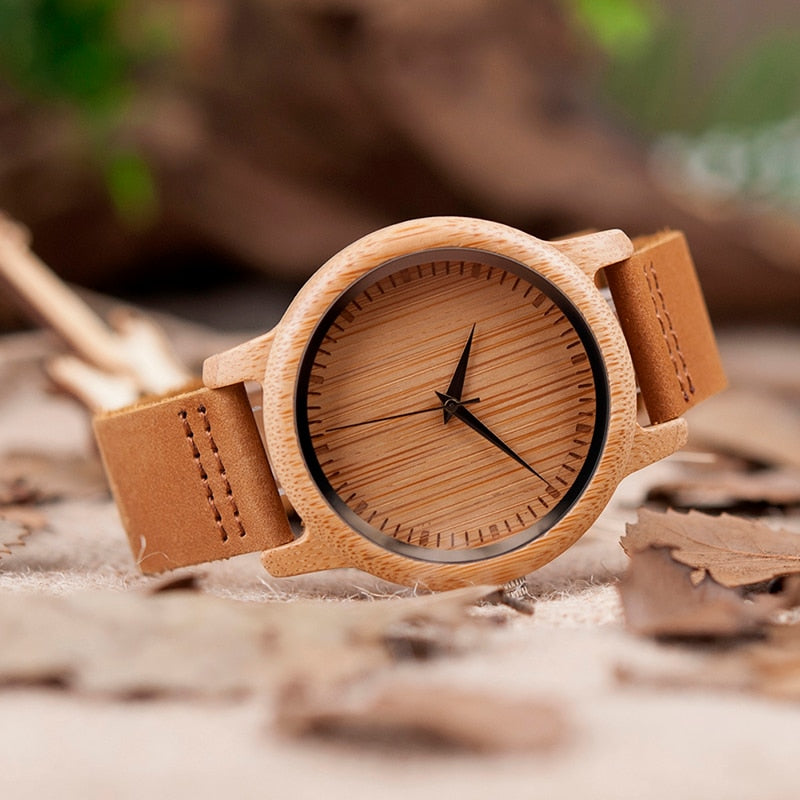 Ladies Casual Quartz Watches Natural Bamboo Wristwatch