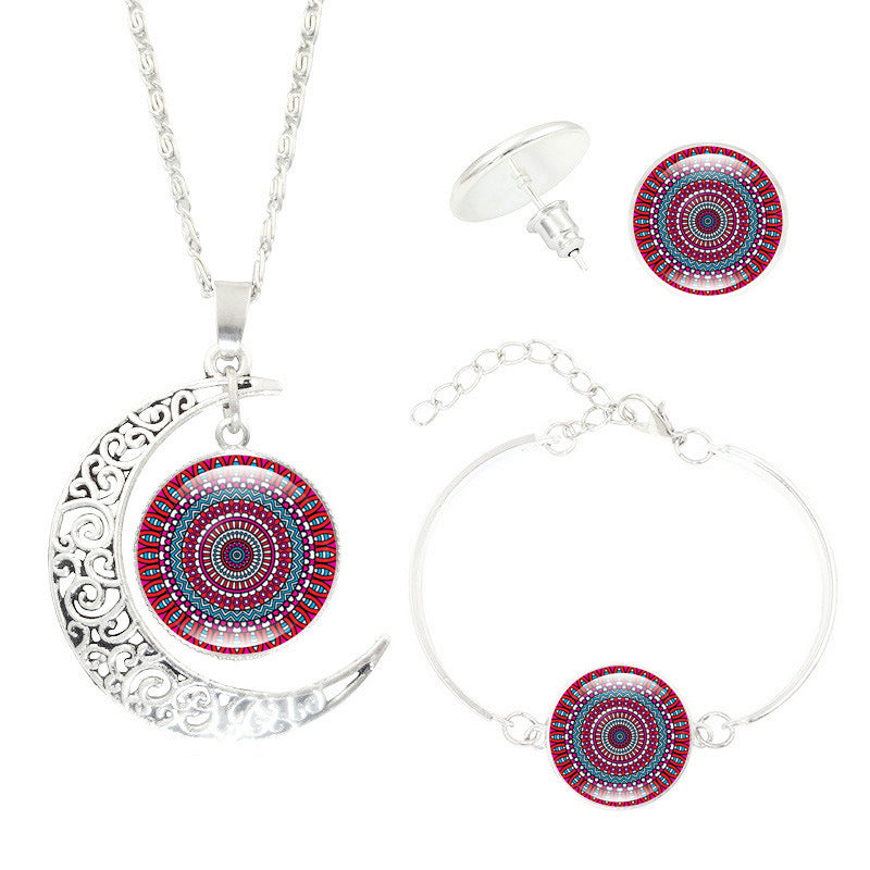 Mandala Flower Moon Glass Time Gem Necklace Set