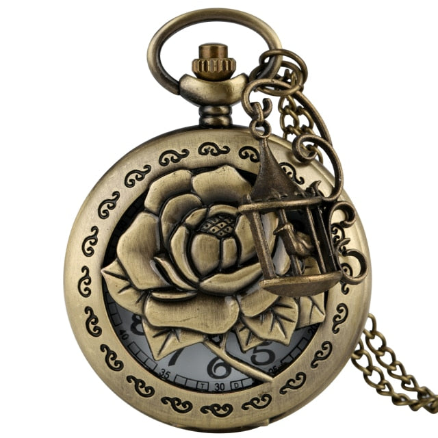 Bronze Butterfly and Flower Retro Style Necklace Pocket Watch