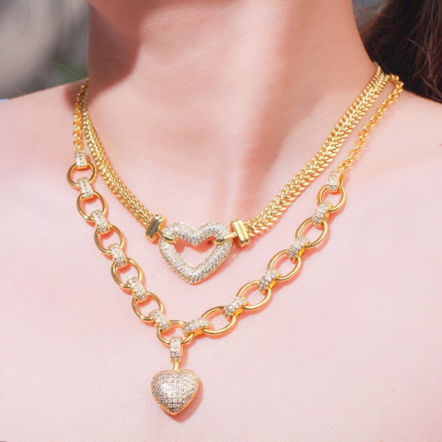 Gold Color Cubic Zirconia Dangle Love Heart Shape  Jewelry Set