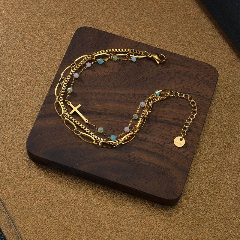 Stainless Steel Colorful Beads Cross Three Chain Bracelet