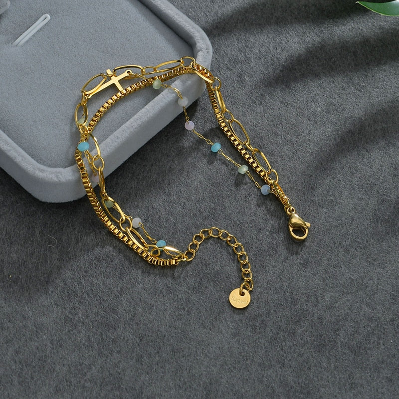 Stainless Steel Colorful Beads Cross Three Chain Bracelet