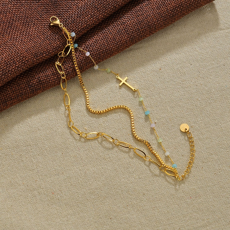 Stainless Steel Colorful Beads Cross Three Chain Bracelet