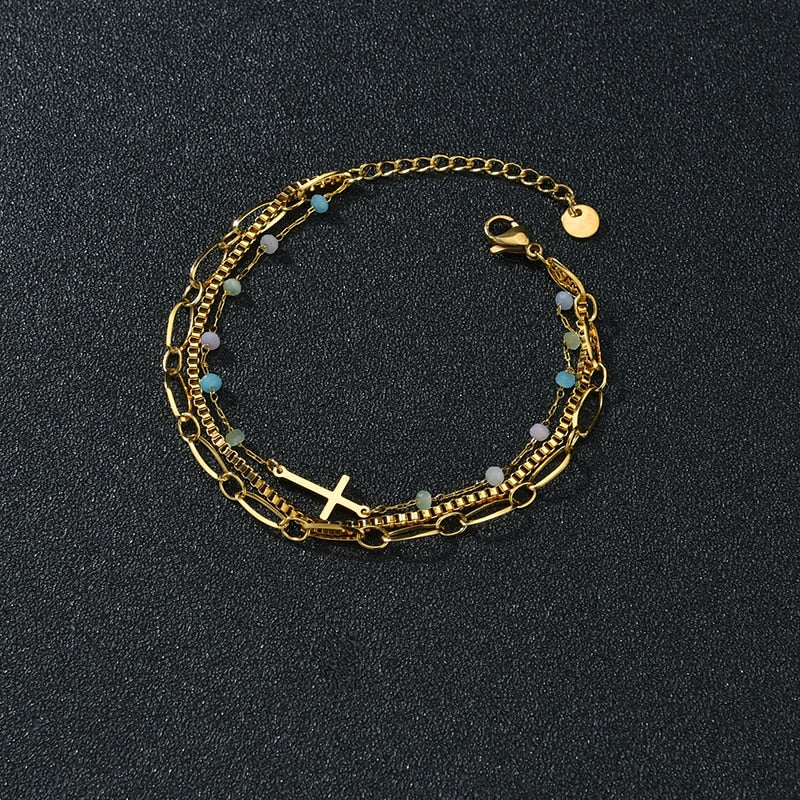 Stainless Steel Colorful Beads Cross Three Chain Bracelet