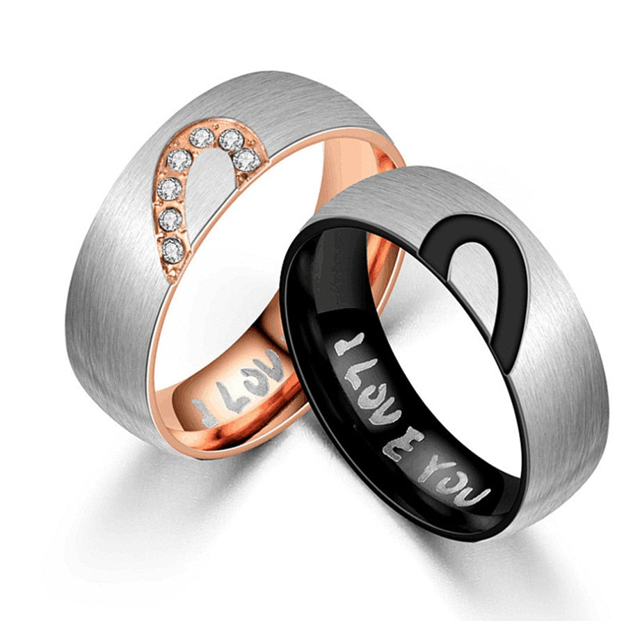 Rose Gold/Black Color Heart Couple Rings Stainless Steel Couples Lovers Love Promise Ring