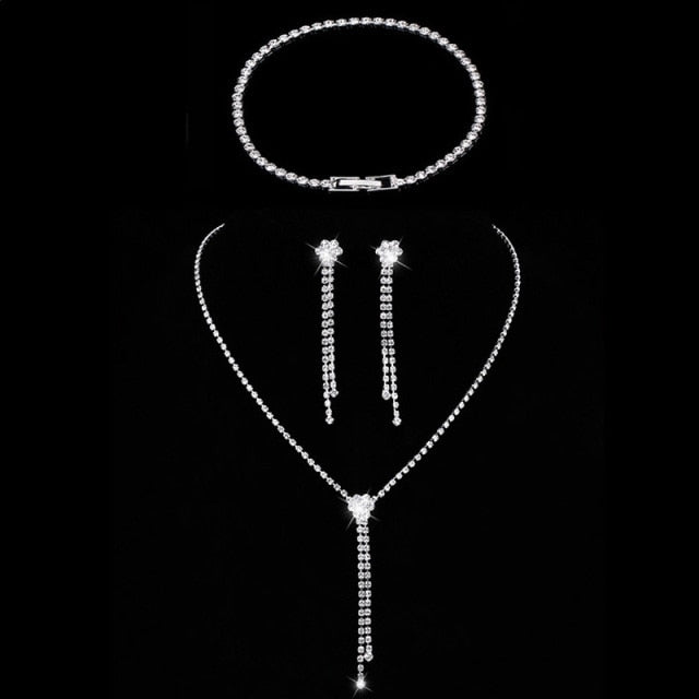 Silver Color Geometric Choker Crystal Wedding Jewelry Sets