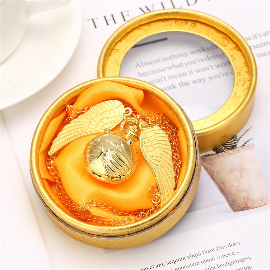 Tiny Gold Ball Shape Necklace Pocket Watch with Golden Gift Box