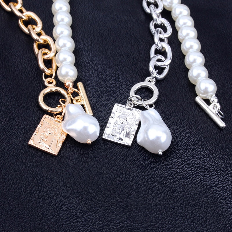 Women Baroque Pearl Metal Charm Pendant Necklaces
