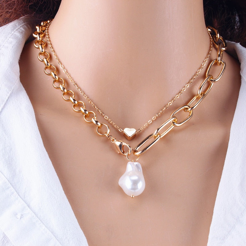 Women Baroque Pearl Metal Charm Pendant Necklaces