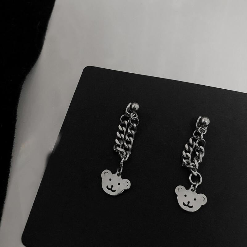 Japan Silver Color Round Chain Long Tassel Earrings Cute Bear Stud Earrings