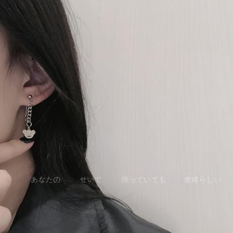 Japan Silver Color Round Chain Long Tassel Earrings Cute Bear Stud Earrings