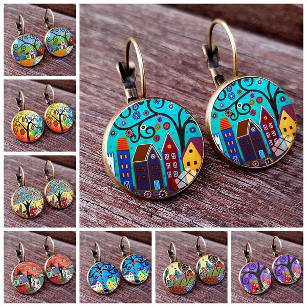 Colorful House and Tree Women Stud Earring