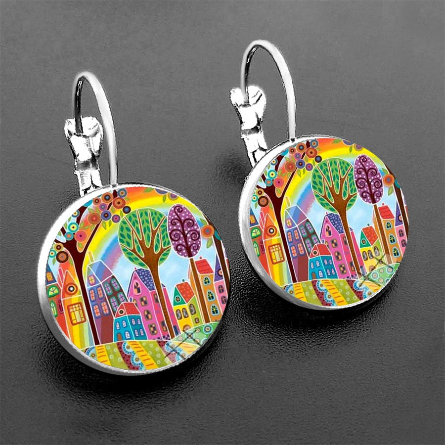 Colorful House and Tree Women Stud Earring
