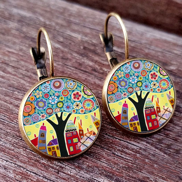 Colorful House and Tree Women Stud Earring