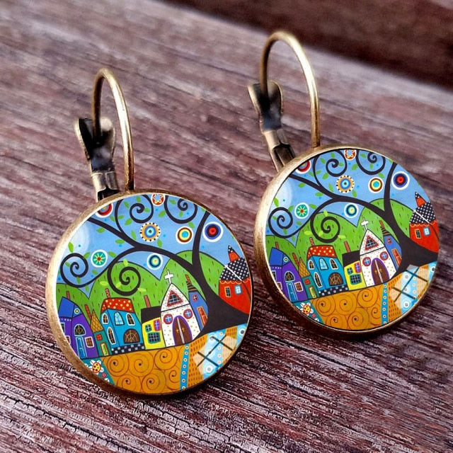 Colorful House and Tree Women Stud Earring