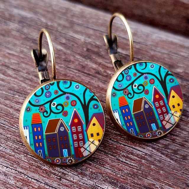 Colorful House and Tree Women Stud Earring