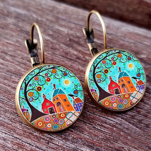Colorful House and Tree Women Stud Earring