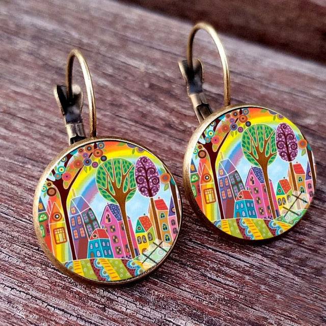 Colorful House and Tree Women Stud Earring