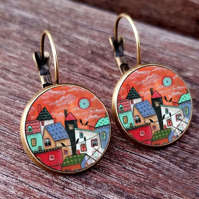 Colorful House and Tree Women Stud Earring