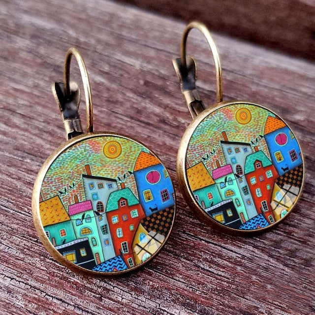 Colorful House and Tree Women Stud Earring