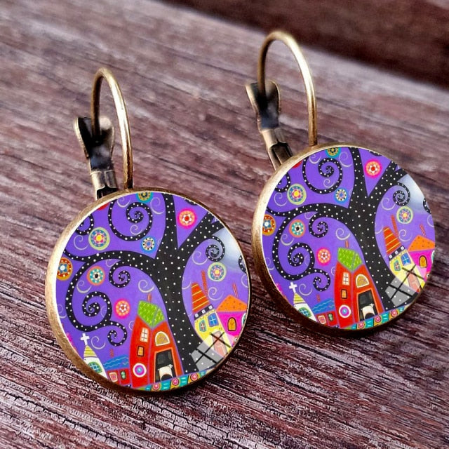 Colorful House and Tree Women Stud Earring