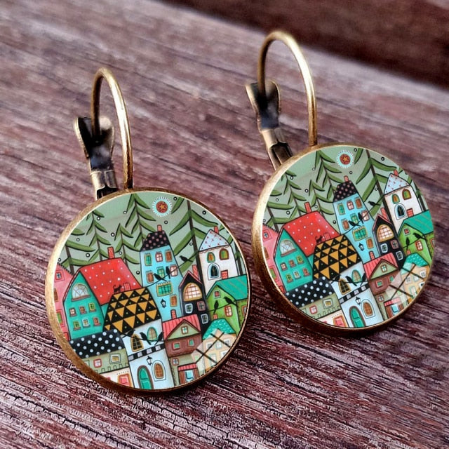 Colorful House and Tree Women Stud Earring