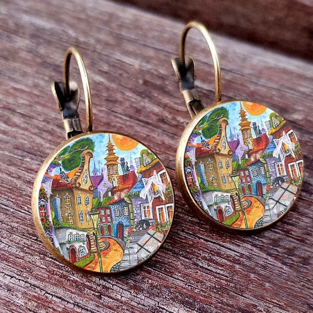 Colorful House and Tree Women Stud Earring