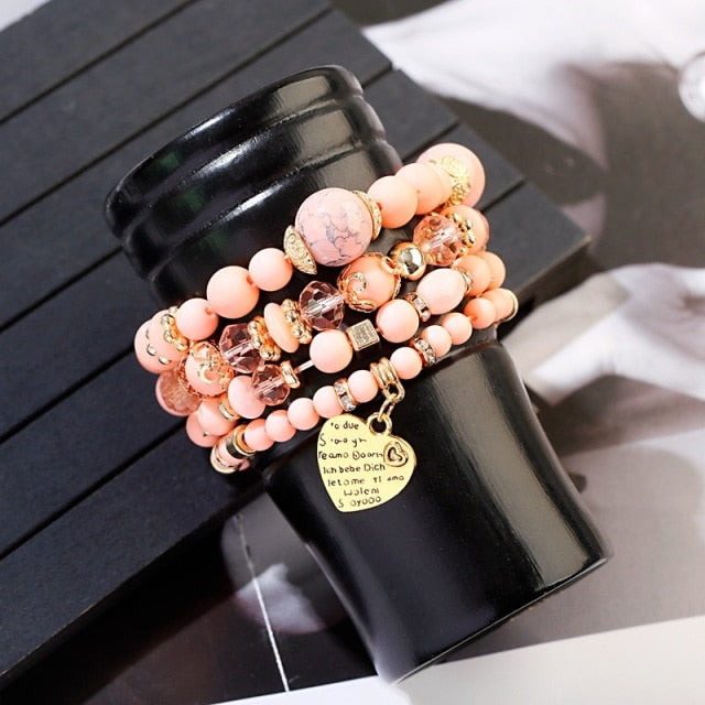 Boho Pink Beaded Bracelet Set Women