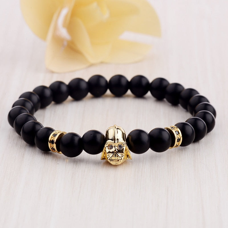 Mens CZ Beaded  Bright Black Lava Stone Bracelets