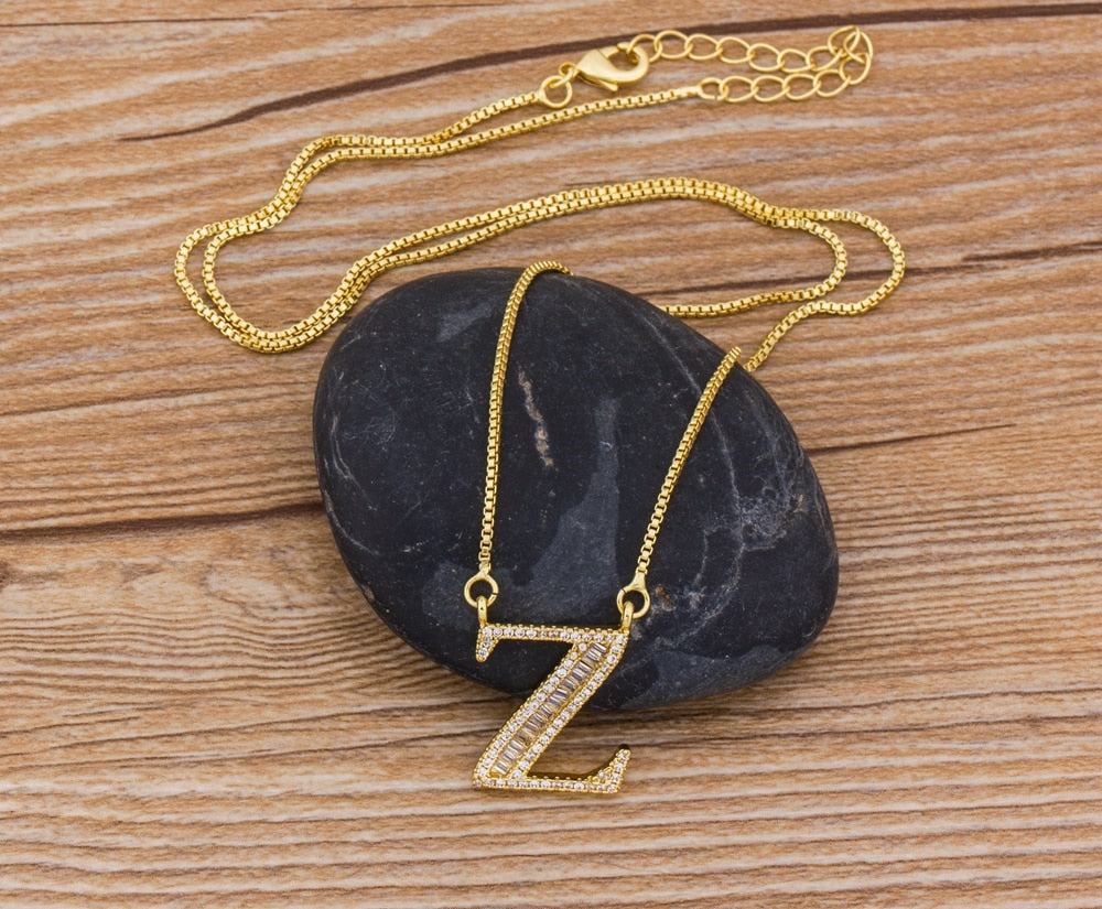 Luxury Gold Color A-Z 26 Letters Necklace CZ Pendant
