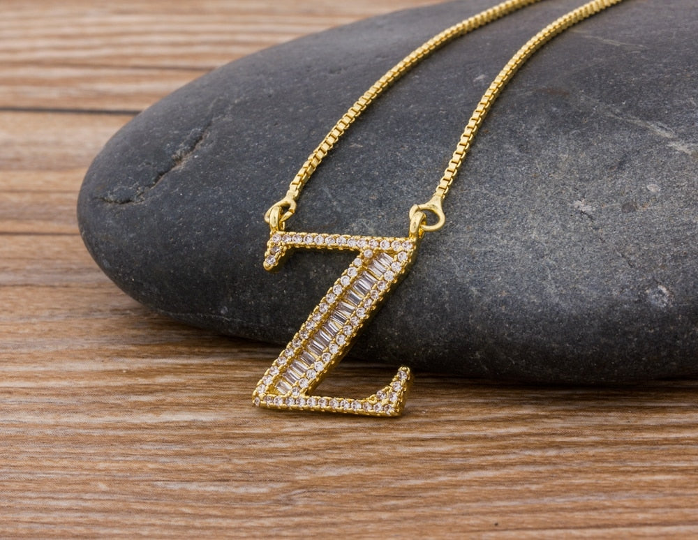 Luxury Gold Color A-Z 26 Letters Necklace CZ Pendant