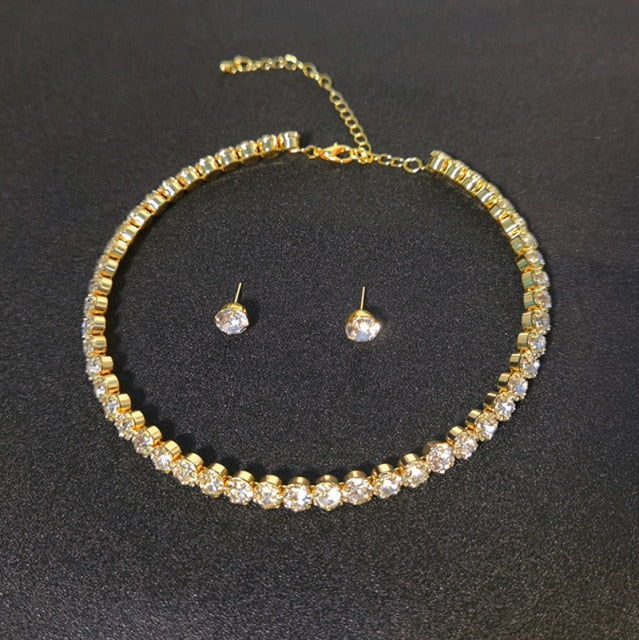 Silver Color African Beads Rhinestone Wedding Necklace Earrings Bracelet Set