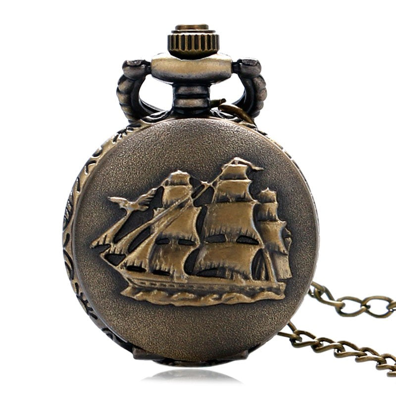 Vintage  Bronze 3D Sailboat Design Small Size Quartz Pocket Watch