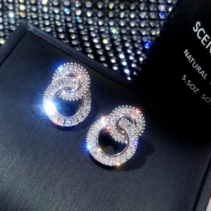 S925 Silver Color Round Cute Bling Zircon Stone Stud Earrings