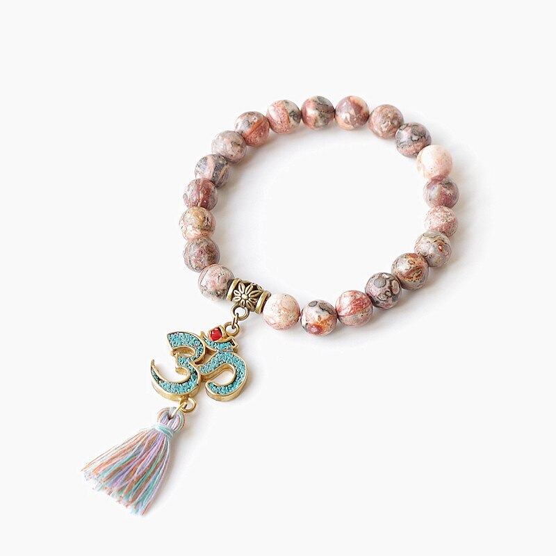 Natural Stone Chakra Mala Bracelet Tassel Om Beaded Strand Bracelet