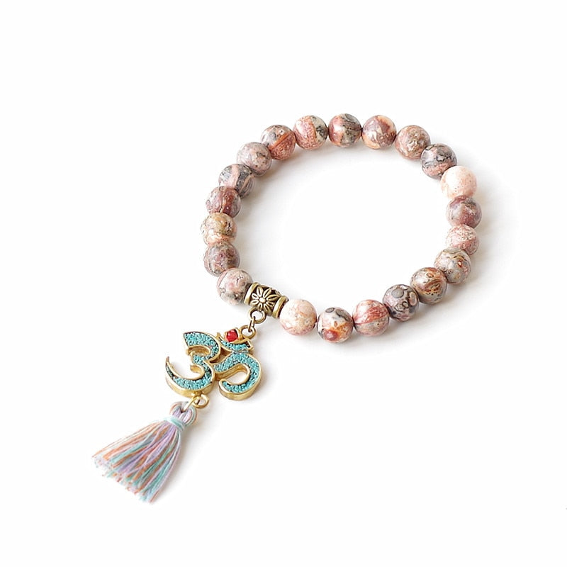 Natural Stone Chakra Mala Bracelet Tassel Om Beaded Strand Bracelet