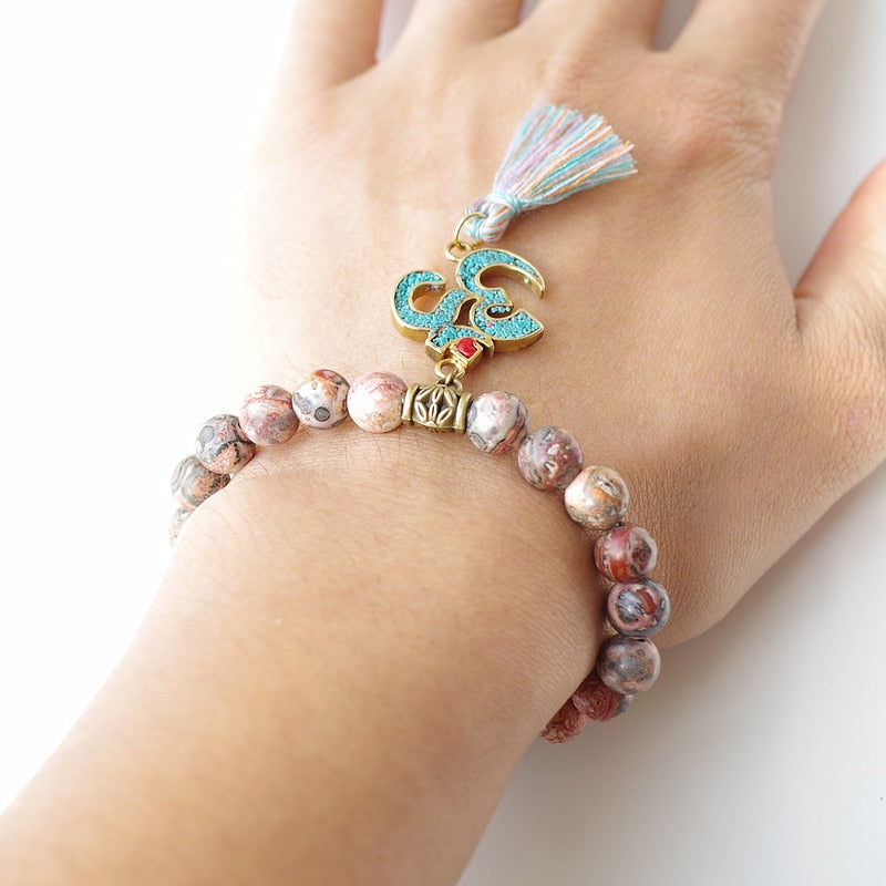 Natural Stone Chakra Mala Bracelet Tassel Om Beaded Strand Bracelet