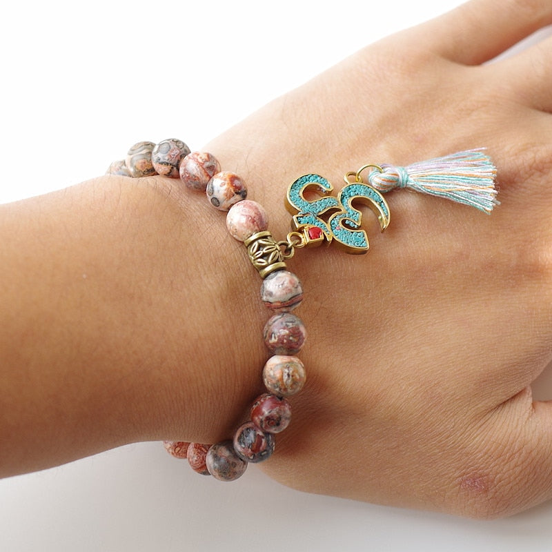 Natural Stone Chakra Mala Bracelet Tassel Om Beaded Strand Bracelet