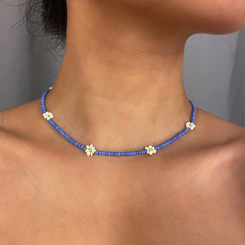 Bohemian White And BlueSeed Bead Flower Choker Necklace