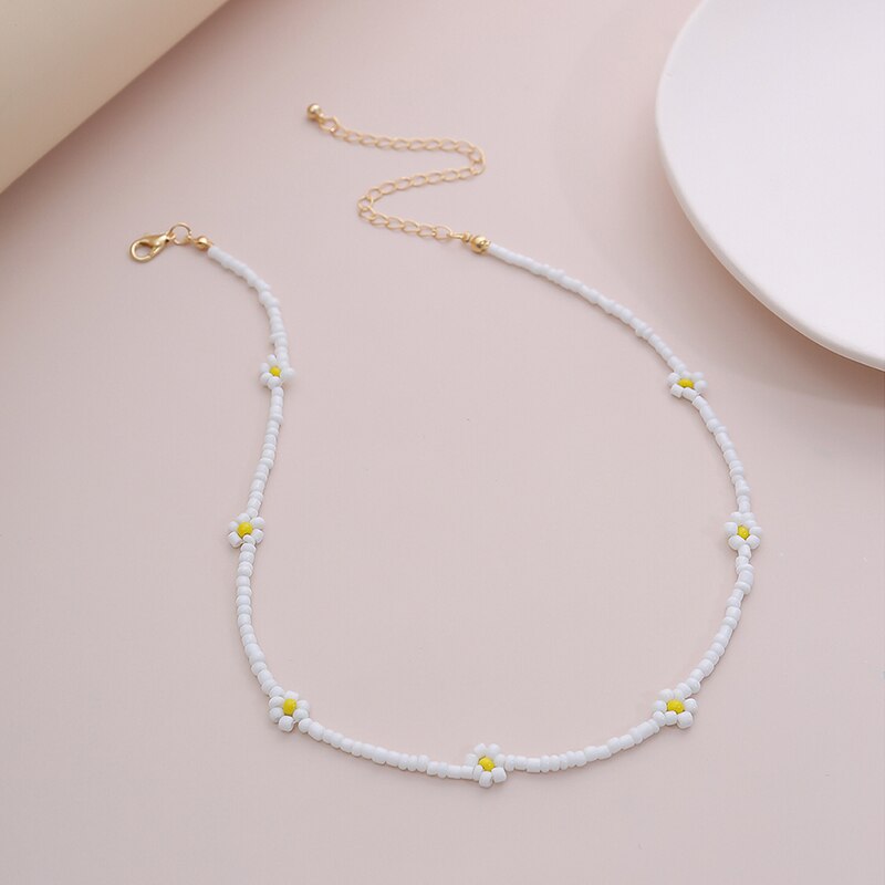 Bohemian White And BlueSeed Bead Flower Choker Necklace