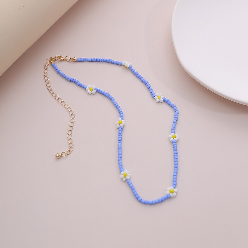 Bohemian White And BlueSeed Bead Flower Choker Necklace