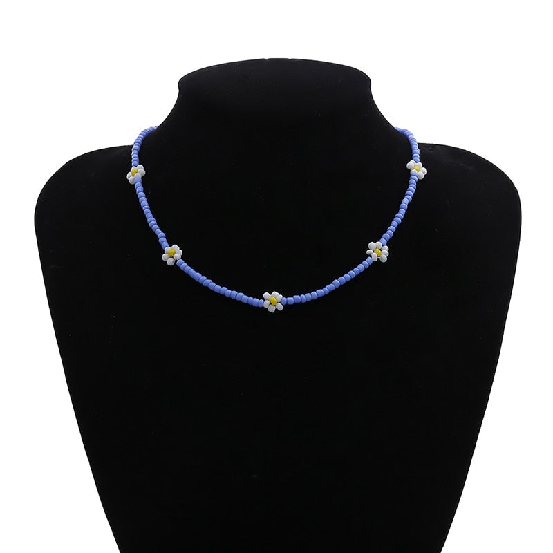 Bohemian White And BlueSeed Bead Flower Choker Necklace