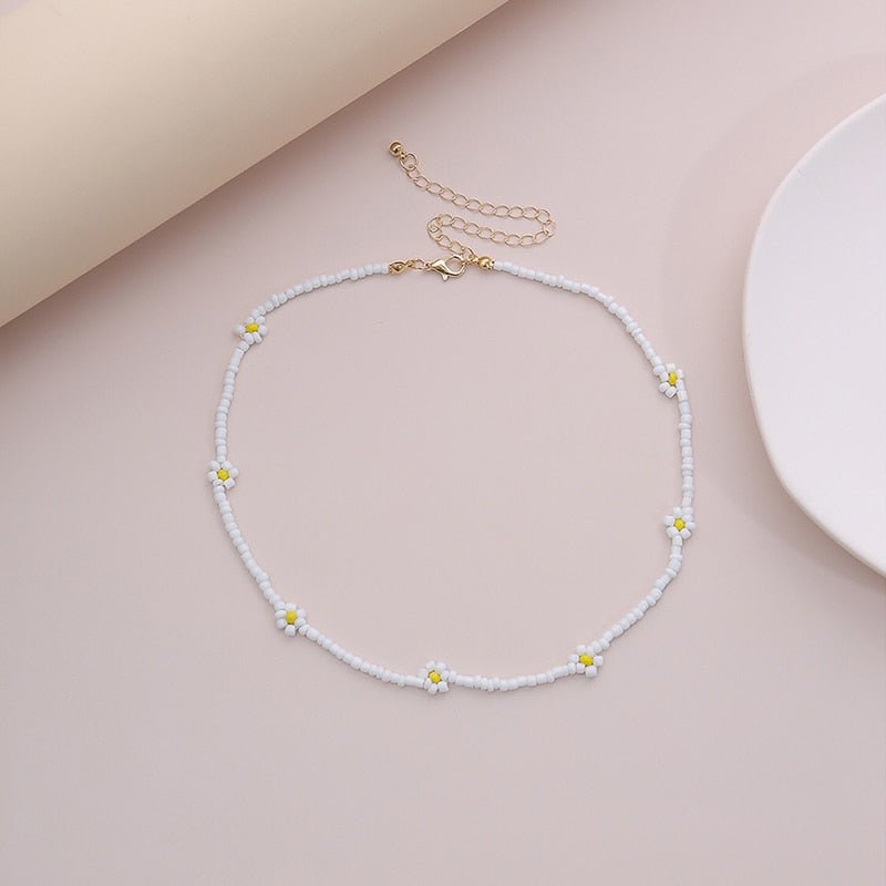 Bohemian White And BlueSeed Bead Flower Choker Necklace