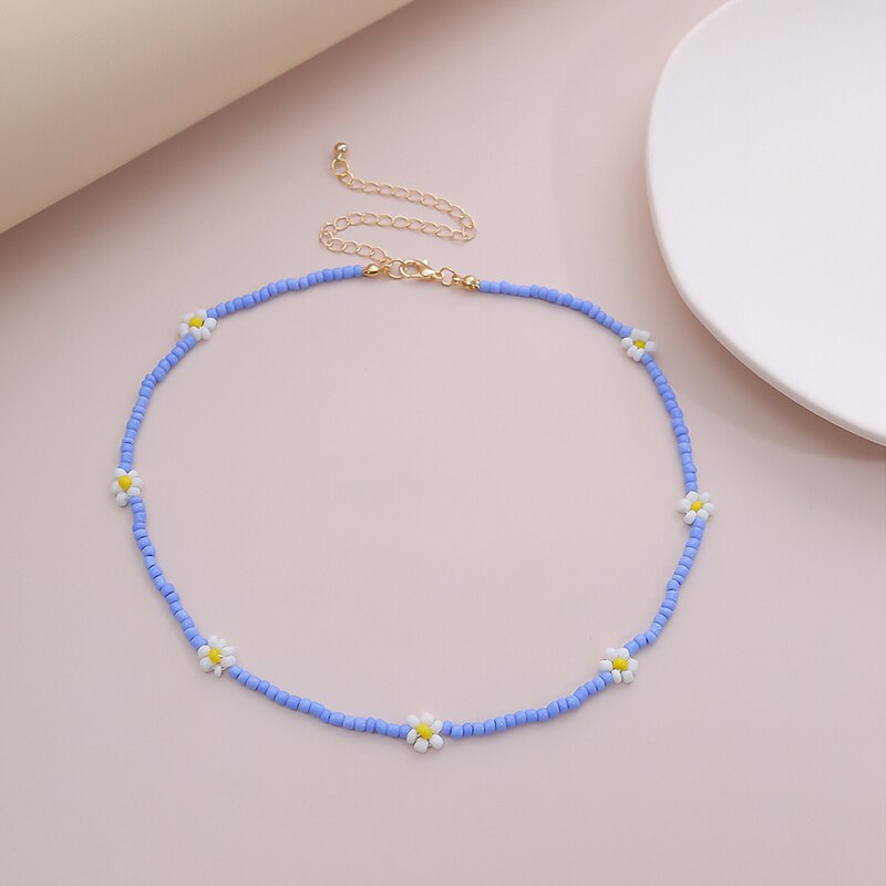 Bohemian White And BlueSeed Bead Flower Choker Necklace