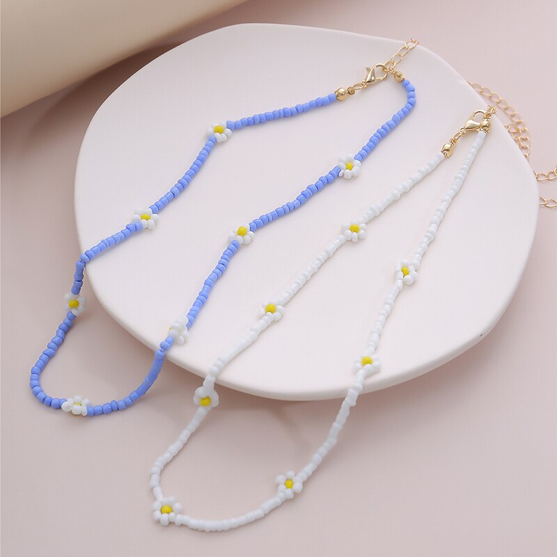 Bohemian White And BlueSeed Bead Flower Choker Necklace