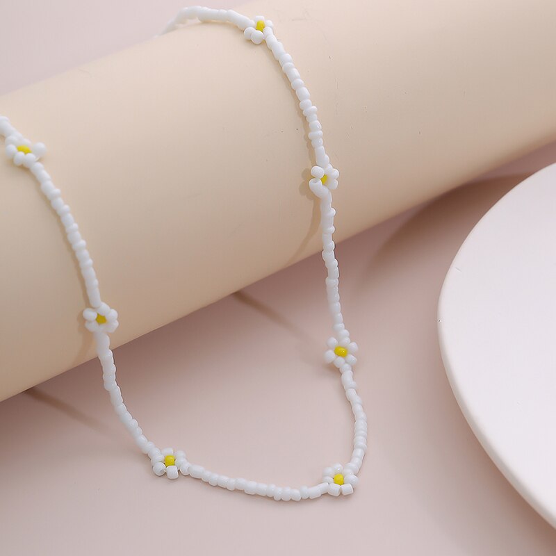 Bohemian White And BlueSeed Bead Flower Choker Necklace