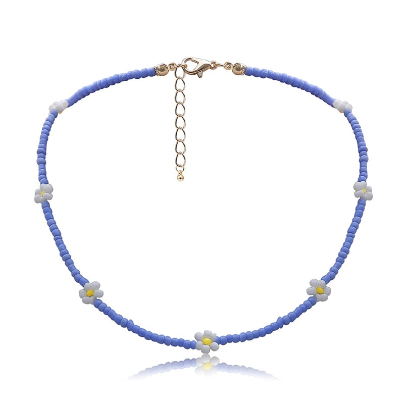 Bohemian White And BlueSeed Bead Flower Choker Necklace