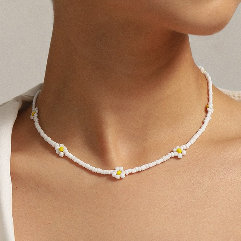Bohemian White And BlueSeed Bead Flower Choker Necklace
