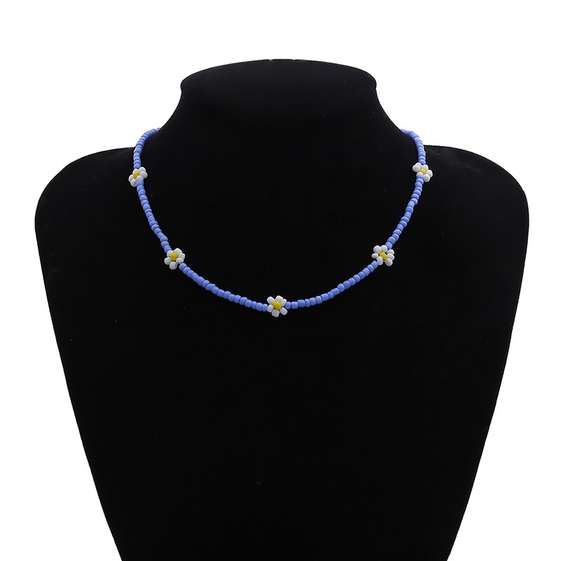 Bohemian White And BlueSeed Bead Flower Choker Necklace