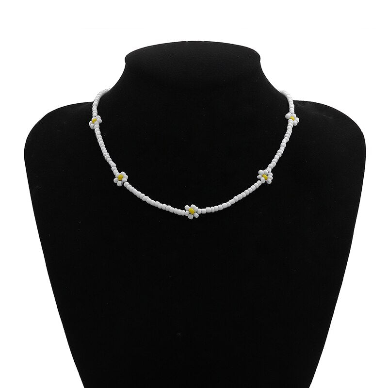 Bohemian White And BlueSeed Bead Flower Choker Necklace